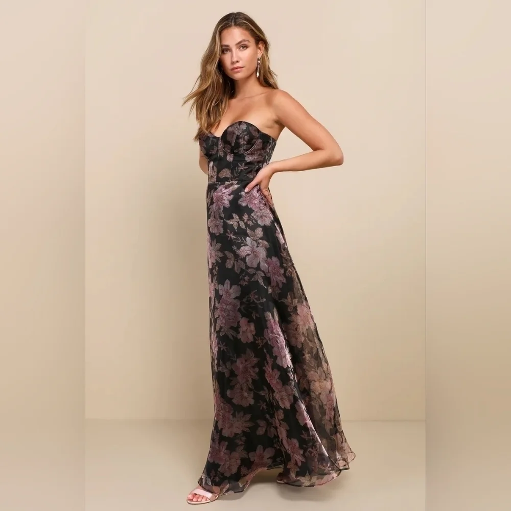 Lulus Exclusive Glamour Black Floral Organza Strapless Maxi Dress S Wedding